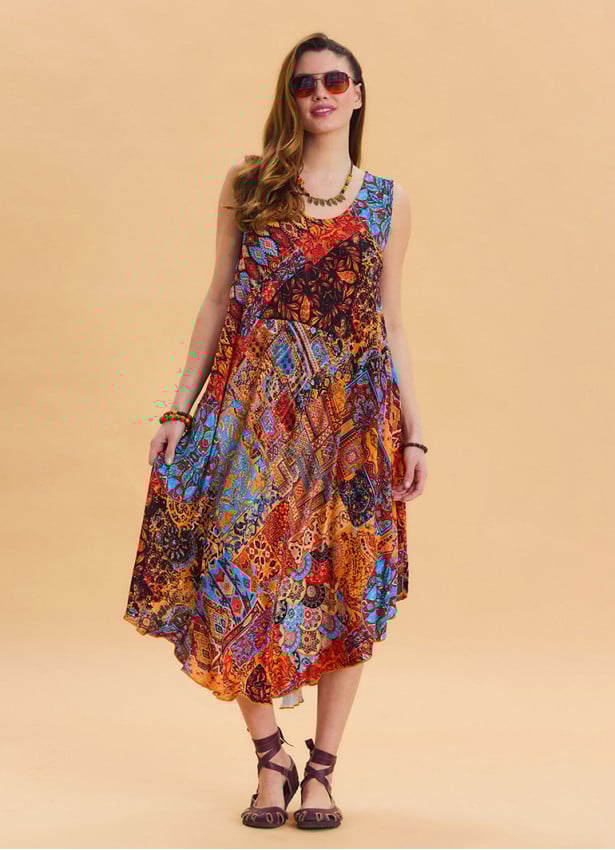 Boat Neck Loose Cut Orange Casual Dress 4665